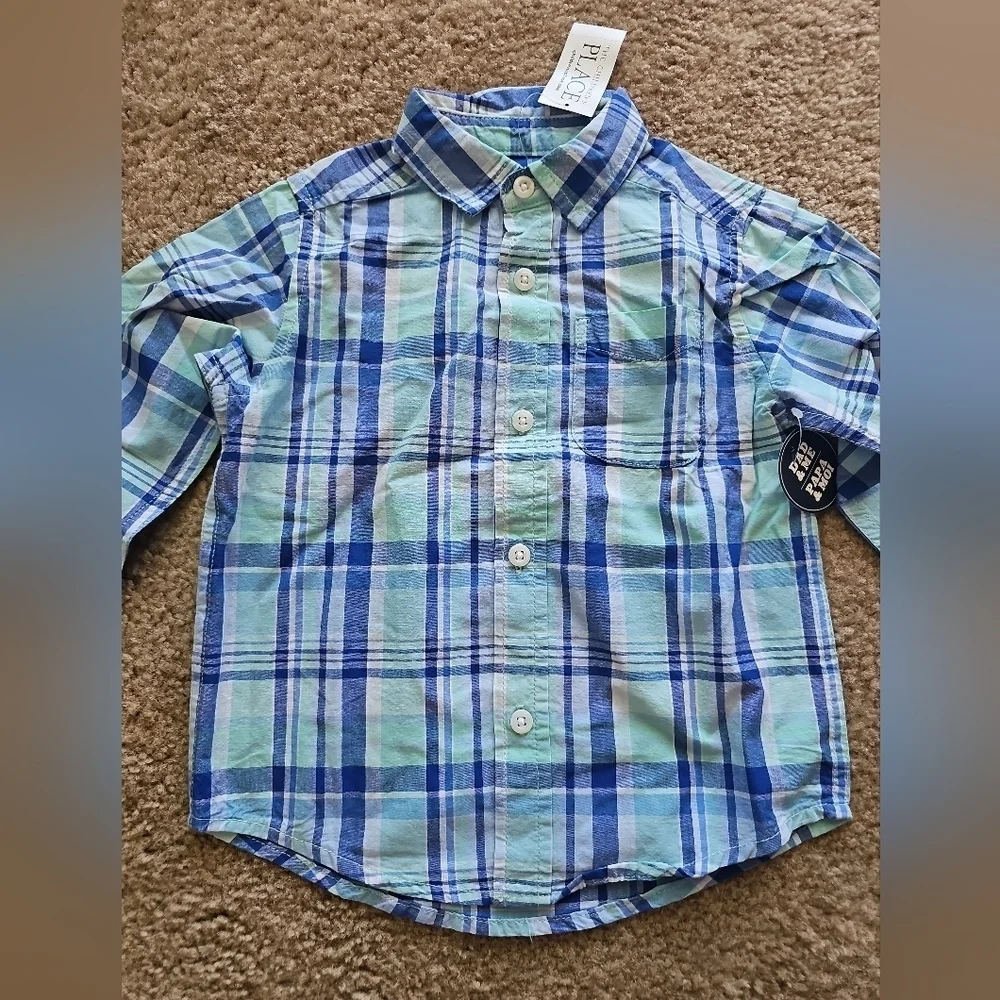 The Children's Place Boys Plaid Button-Up Shirt 2T Blue Long Sleeve